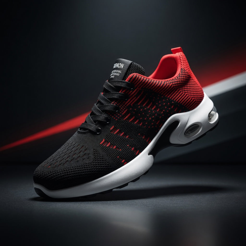 Black and red sneaker with white sole on a dark background