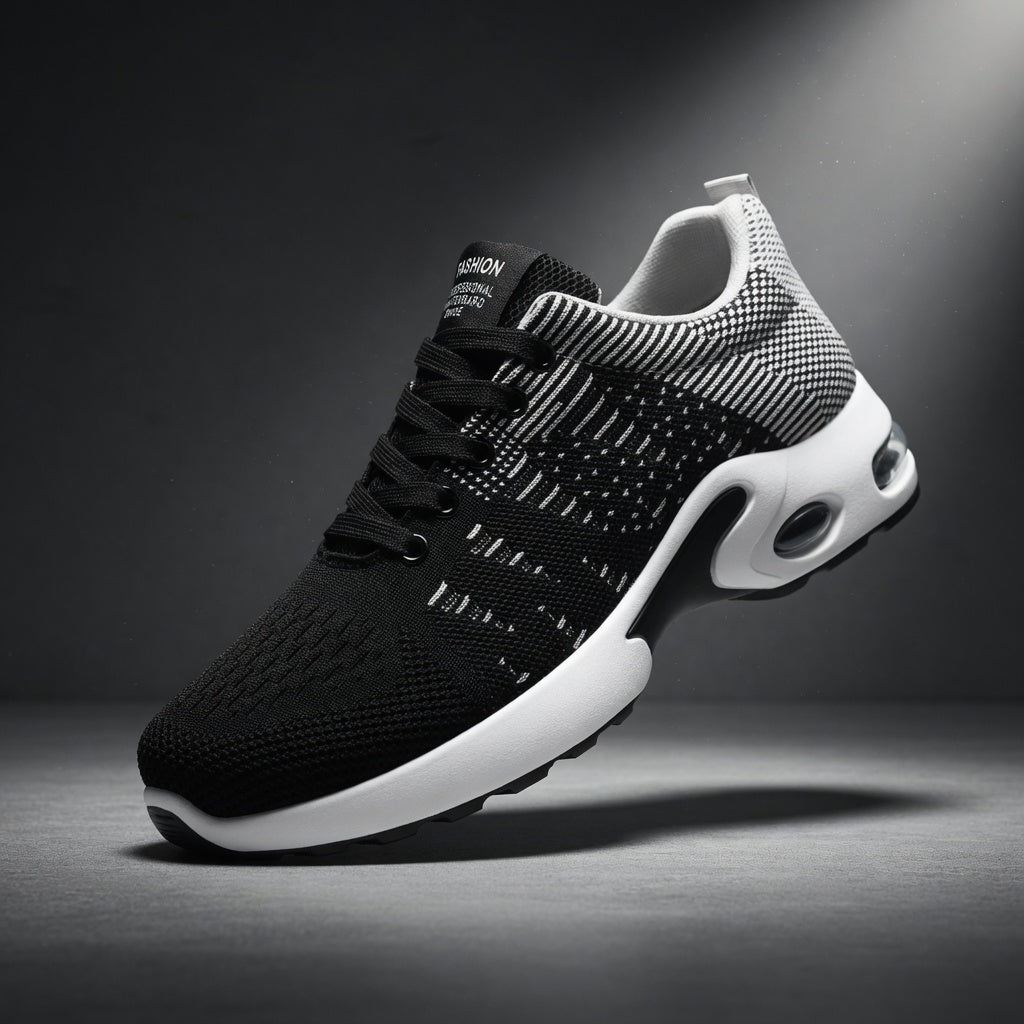 Black and white athletic shoe on a dark background