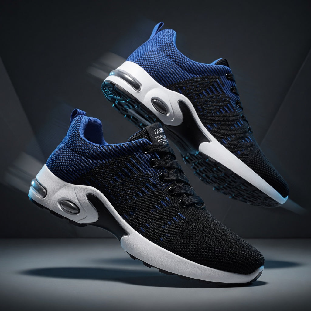 Black and blue running shoes with white soles on a dark background