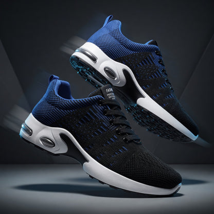 Black and blue running shoes with white soles on a dark background