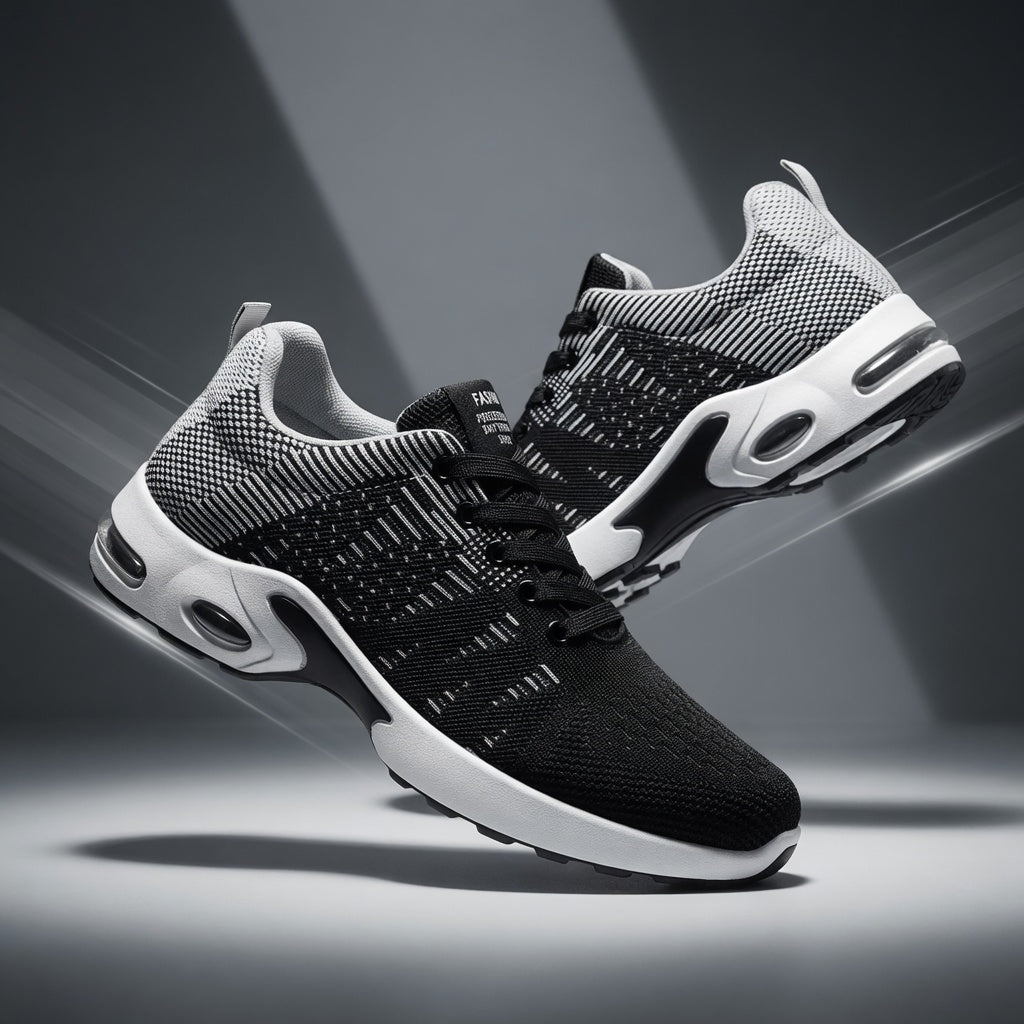 Black and white athletic shoes on a dark background