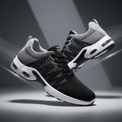 Black and white athletic shoes on a dark background