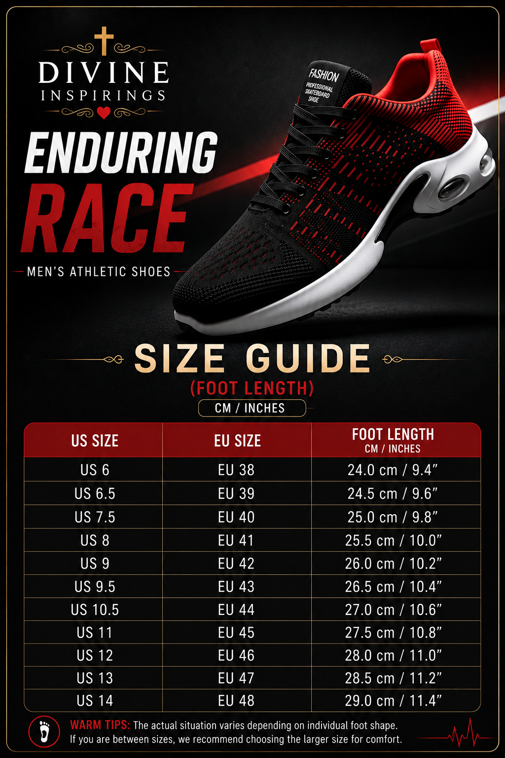 Enduring Race Shoe Size Chart