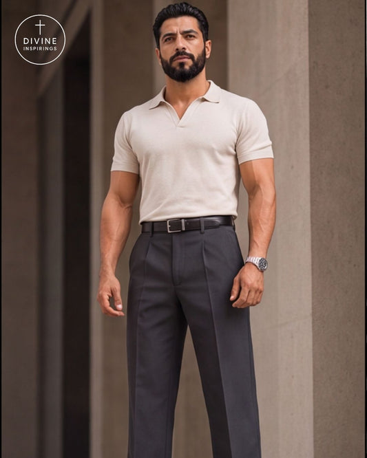 A muscular man wearing a light beige short-sleeve polo shirt and dark gray trousers, standing in front of a neutral architectural background. A circular 'DIVINE INSPIRED' logo is visible in the top-left corner.