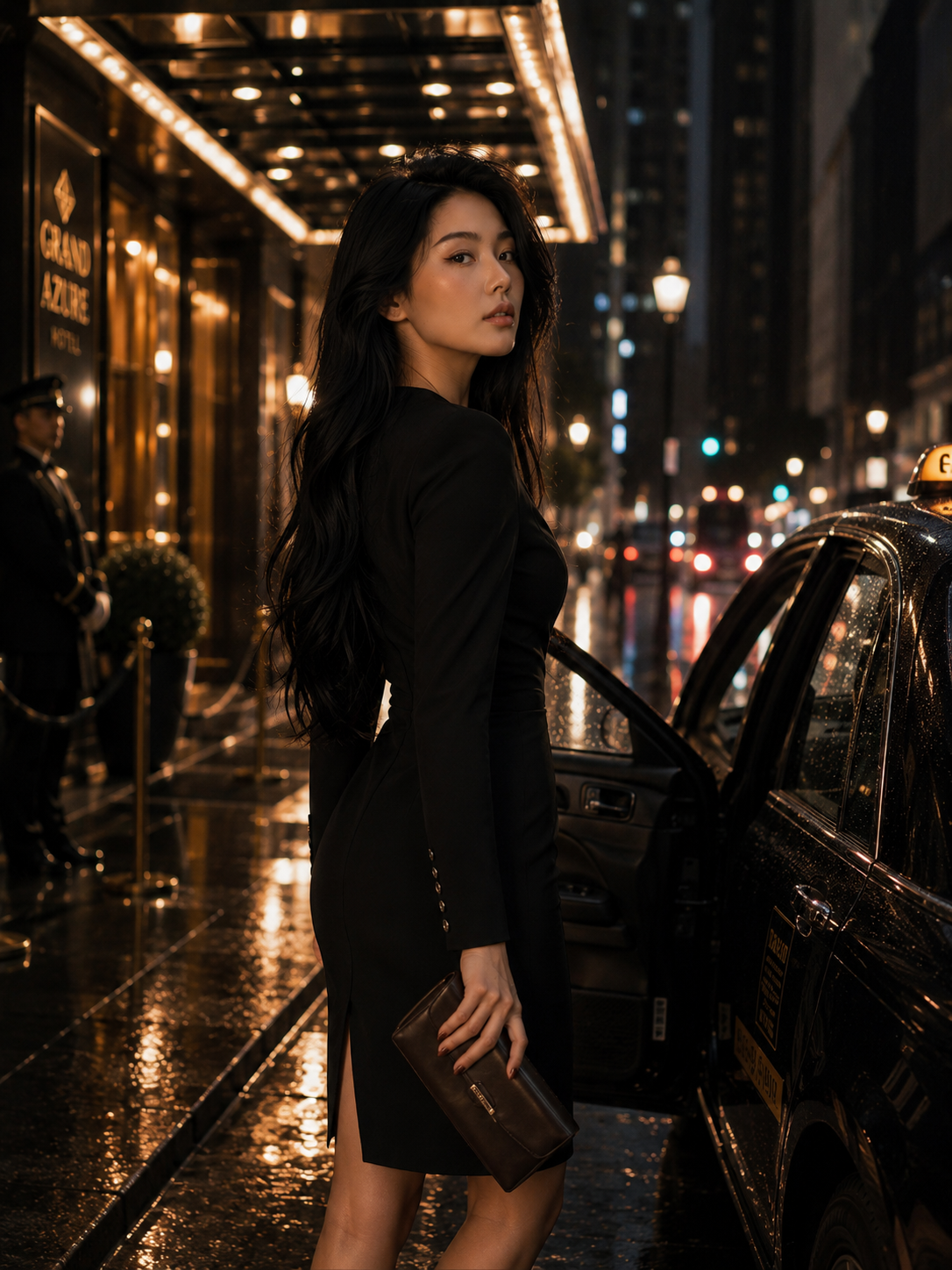 Woman in a black dress getting out of a taxi on a city street at night.