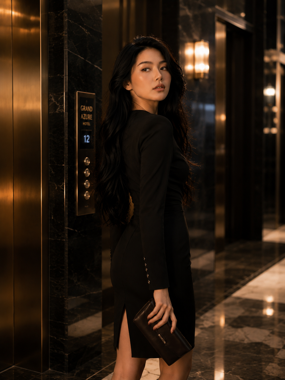 Woman in a black outfit standing in an elevator lobby with marble walls and gold accents.