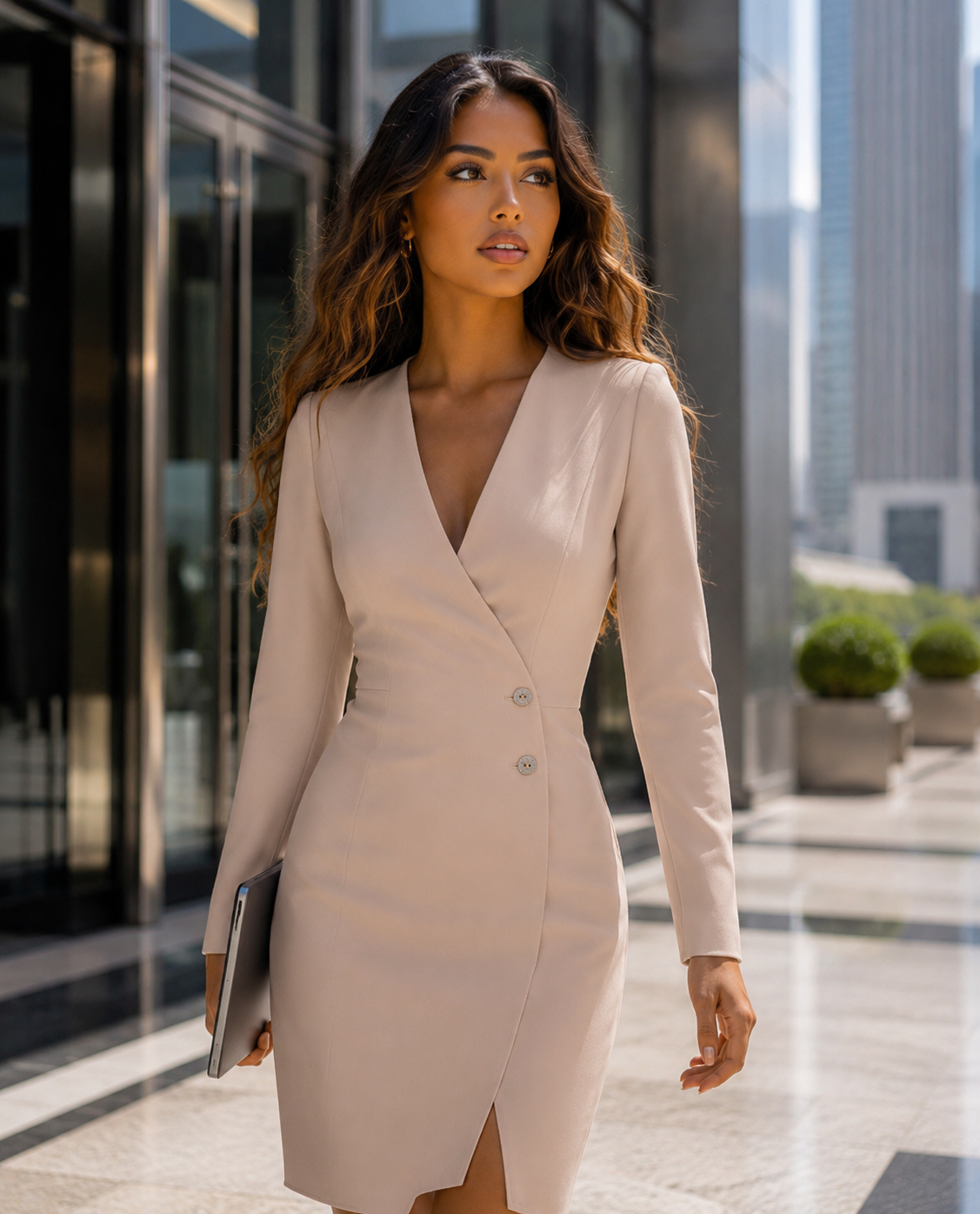 Woman in a beige dress walking outdoors with skyscrapers in the background