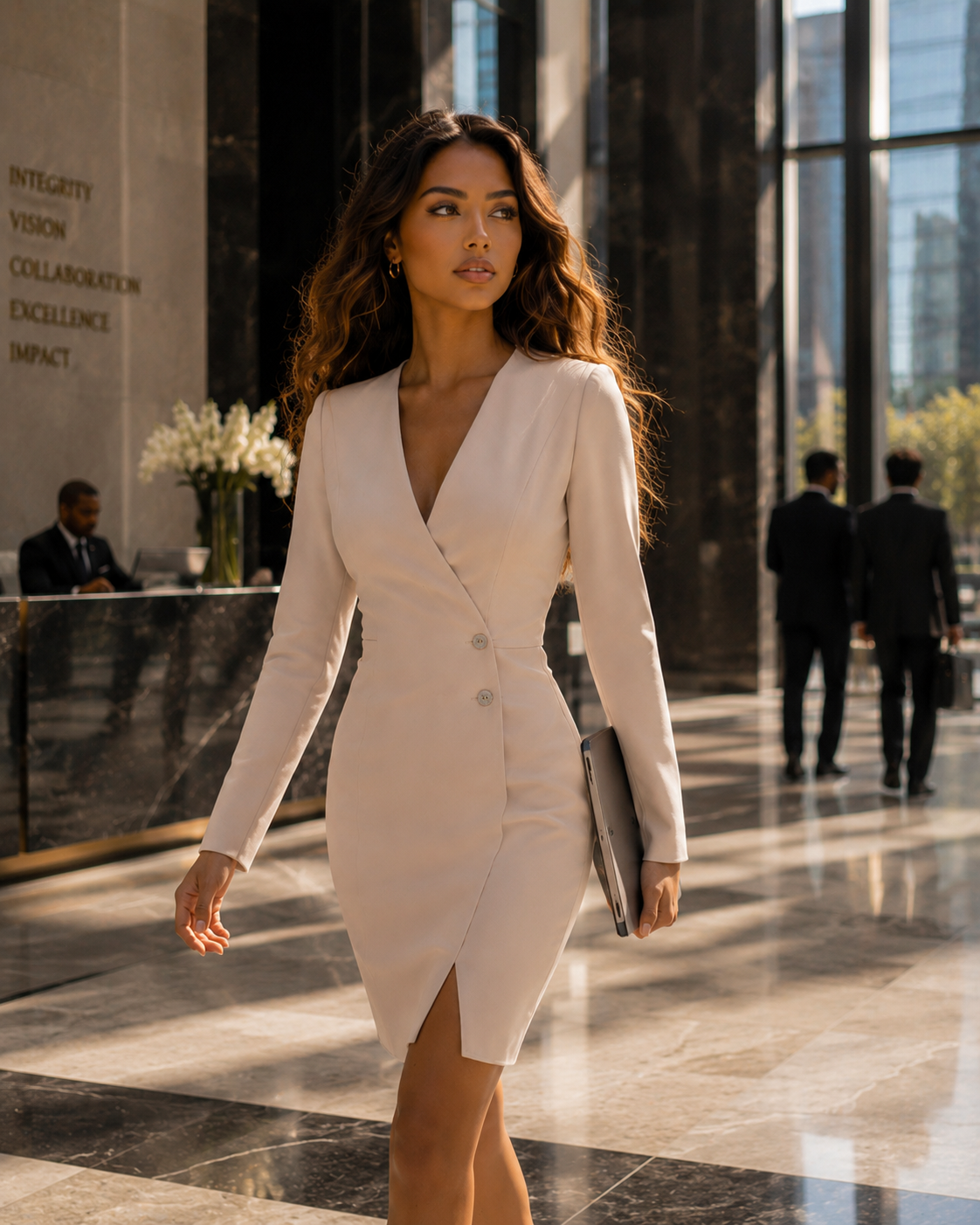 Woman in a white dress walking in a modern building lobby.