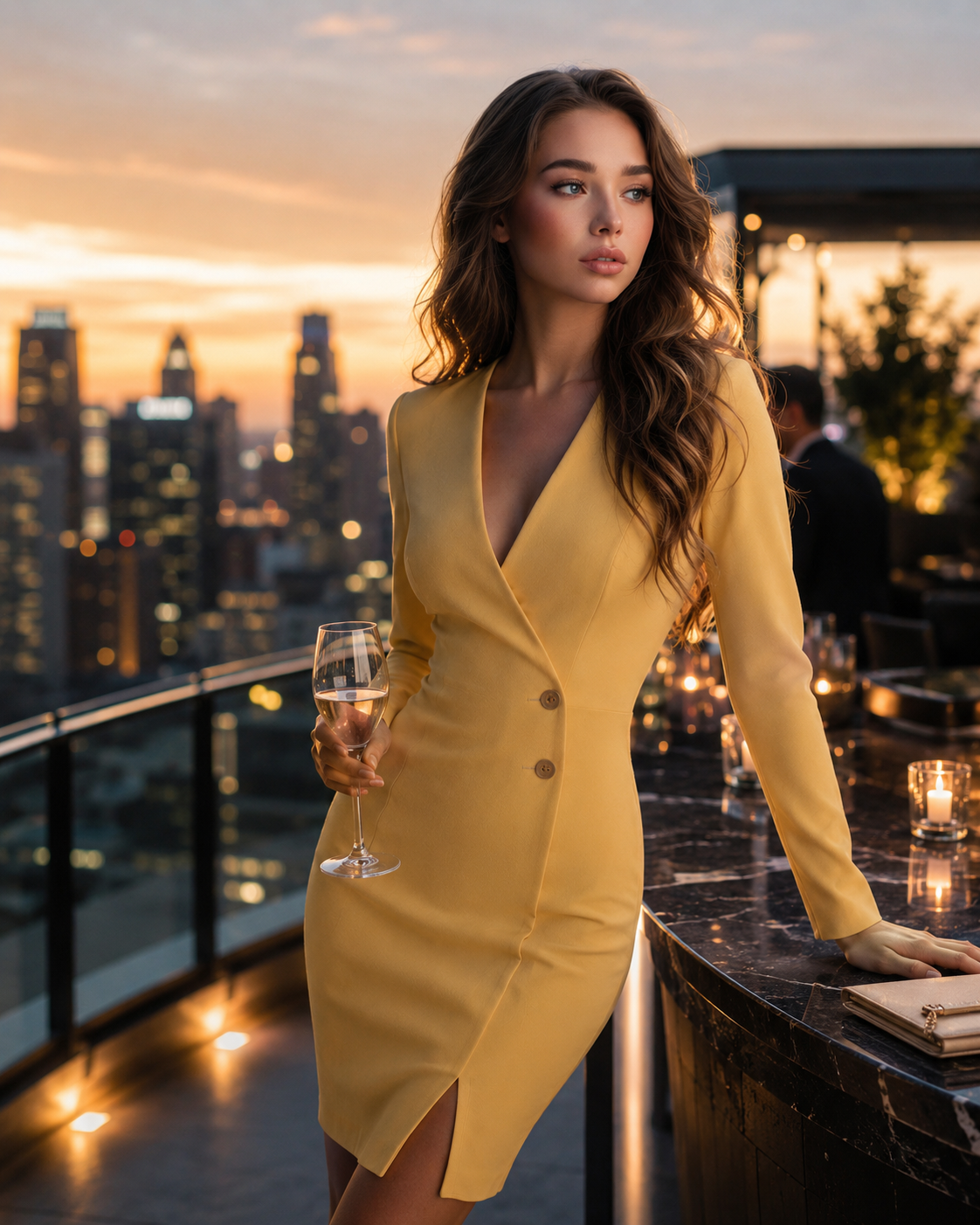Woman in a yellow dress holding a glass of wine on a rooftop with city skyline in the background