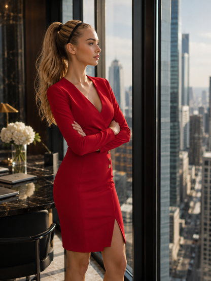 Woman in a red dress standing in a room with a cityscape view
