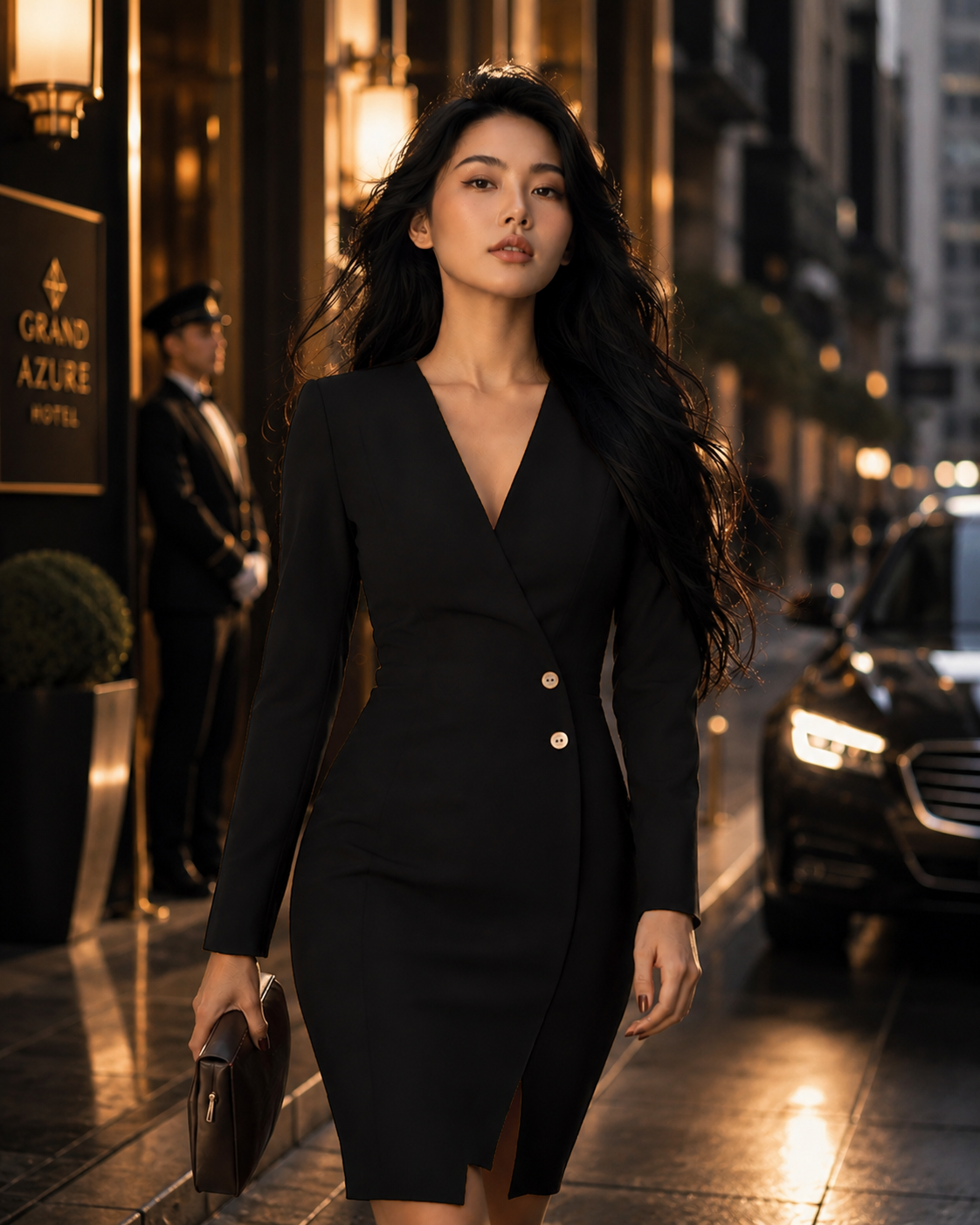 Woman in a black suit walking on a city street at night.