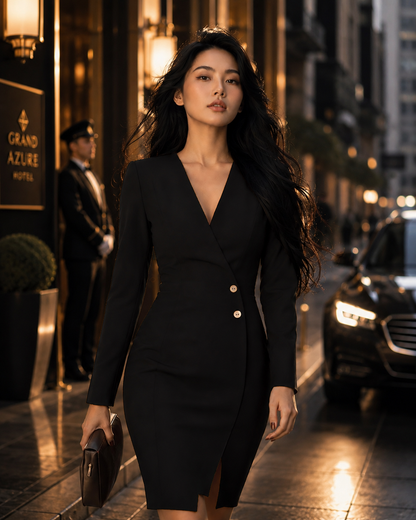 Woman in a black suit walking on a city street at night.
