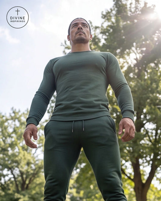 A man wearing a dark green long-sleeve athletic shirt and matching sweatpants stands outdoors in a park with trees and bright sunlight in the background. A circular 'Divine Inspirations' logo is visible in the top-left corner.