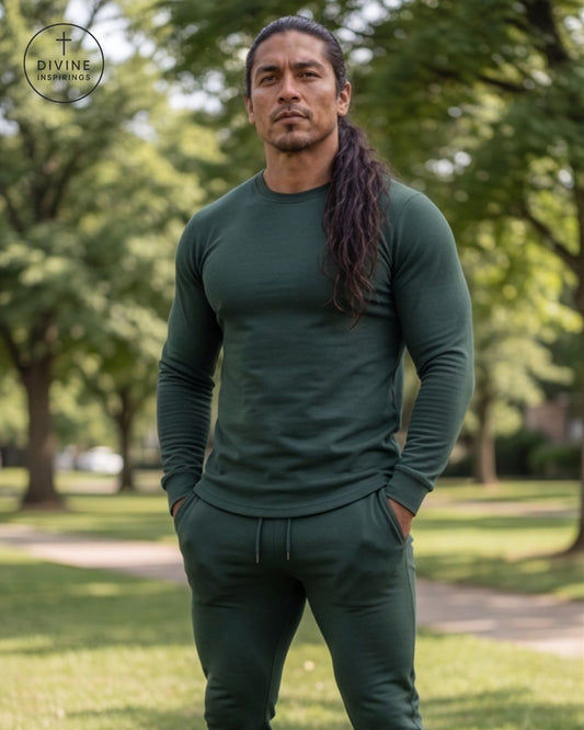 A man with long dark hair stands outdoors in a park wearing a matching dark green long-sleeve crewneck shirt and jogger pants. The Divine In Apparel logo is visible in the top-left corner.