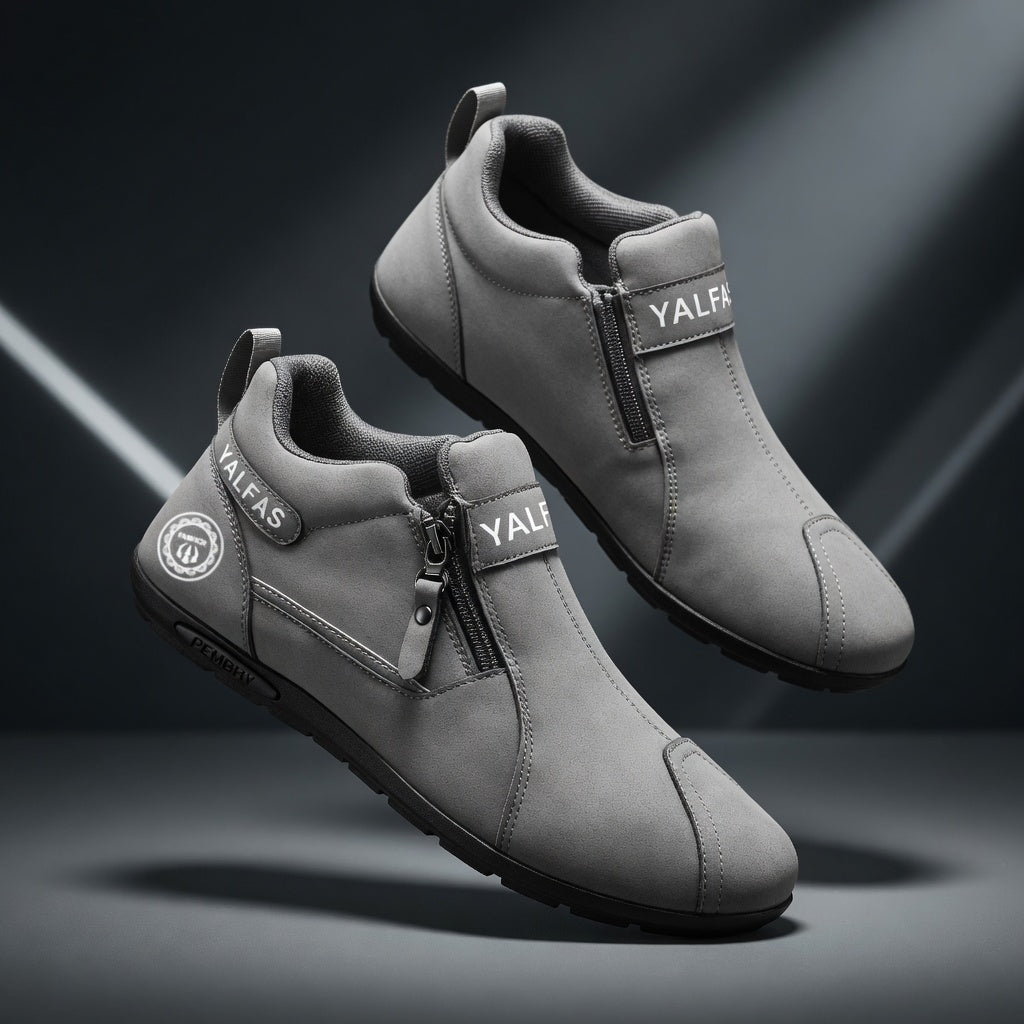 Gray slip-on shoes with 'Yalfas' branding on a dark background