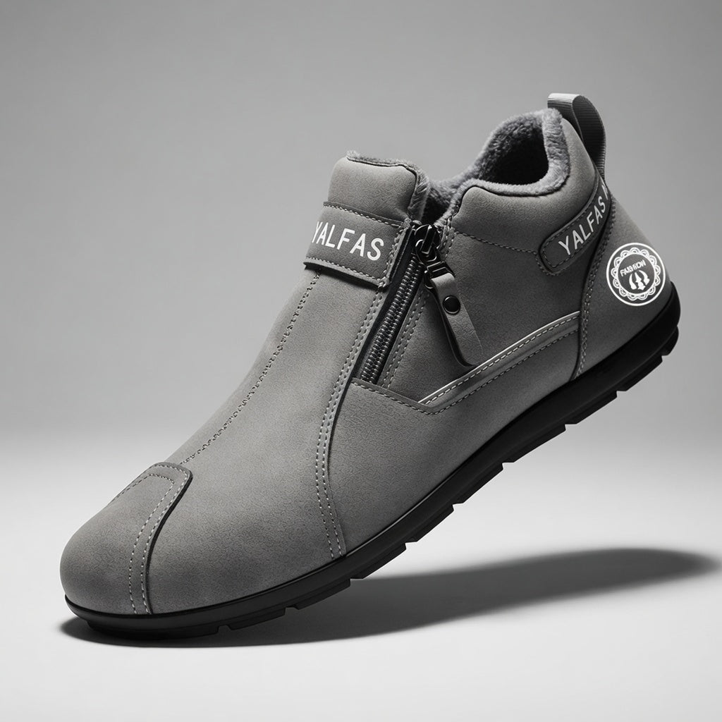 Gray shoe with brand logo on a gray background