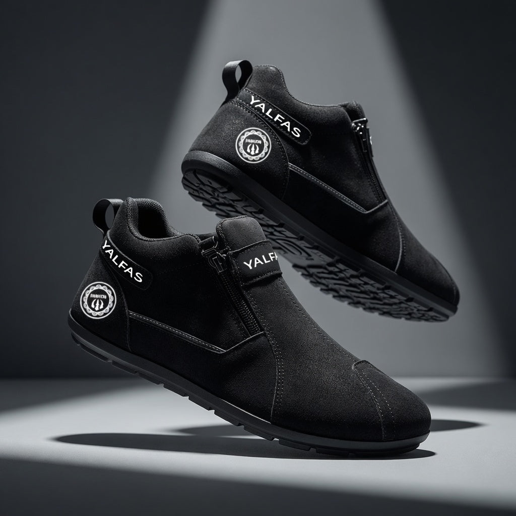 Black shoes with visible branding on a dark background