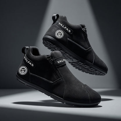 Black shoes with visible branding on a dark background