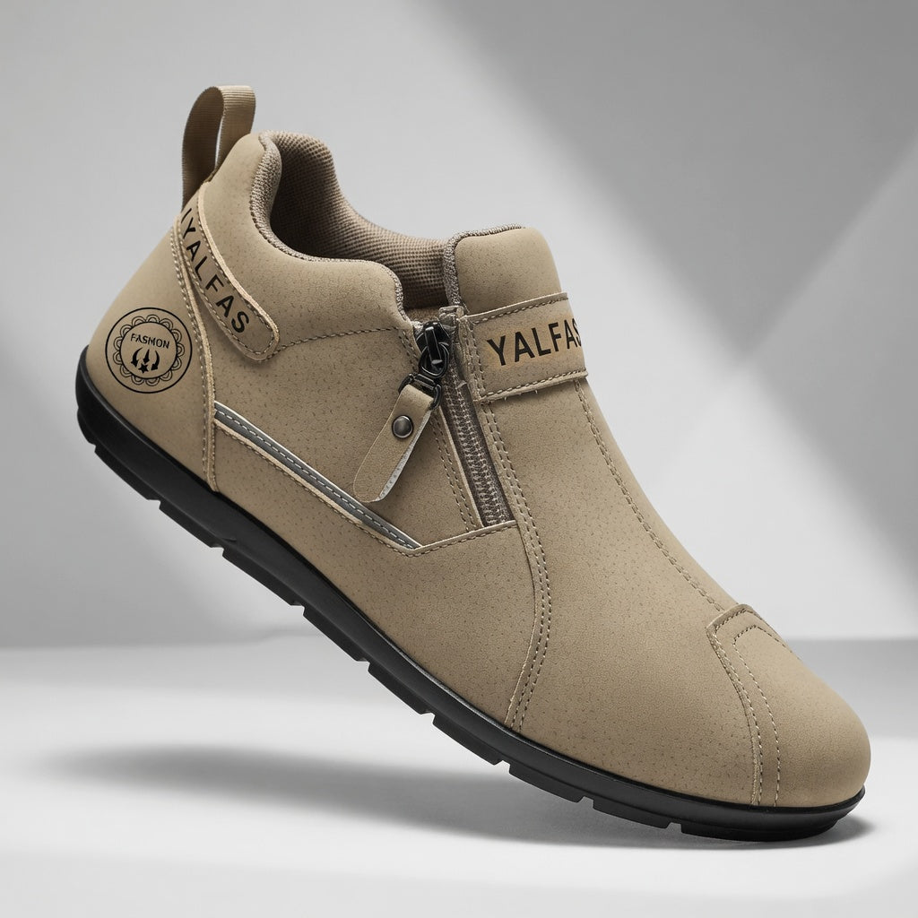 Beige shoe with 'YALFA' branding on a gray background