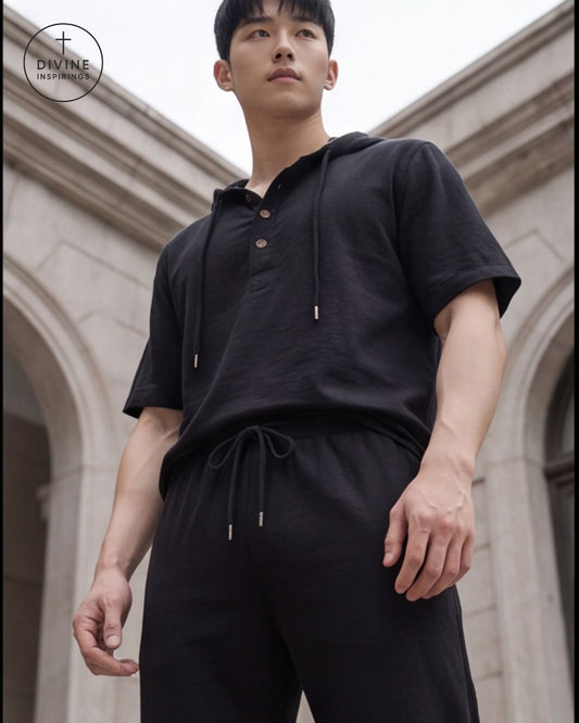 A man wearing a black short-sleeve hooded henley shirt and matching black drawstring pants, photographed outdoors against a light stone building with arches. A circular 'DIVINE INSPIRINGS' logo watermark appears in the top-left corner.