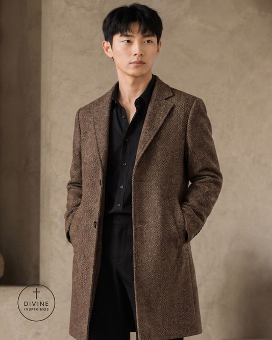 A man wearing a brown textured overcoat over a black shirt and black pants, standing against a textured beige wall. A circular 'DIVINE INSPIRINGS' logo is visible in the bottom-left corner.
