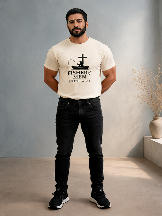 Man wearing a t-shirt with a graphic design standing against a plain wall.