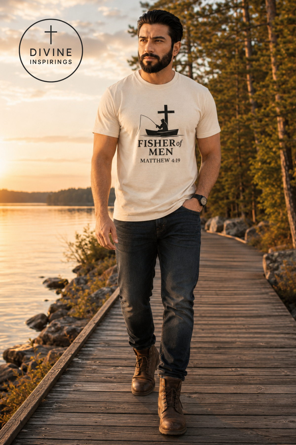 A man walking on a wooden boardwalk by a lake at sunset, wearing a cream-colored t-shirt with a black graphic that reads 'FISHER OF MEN MATTHEW 4:19' with a cross and boat illustration. The Divine Inspirings logo is visible in the top left corner.