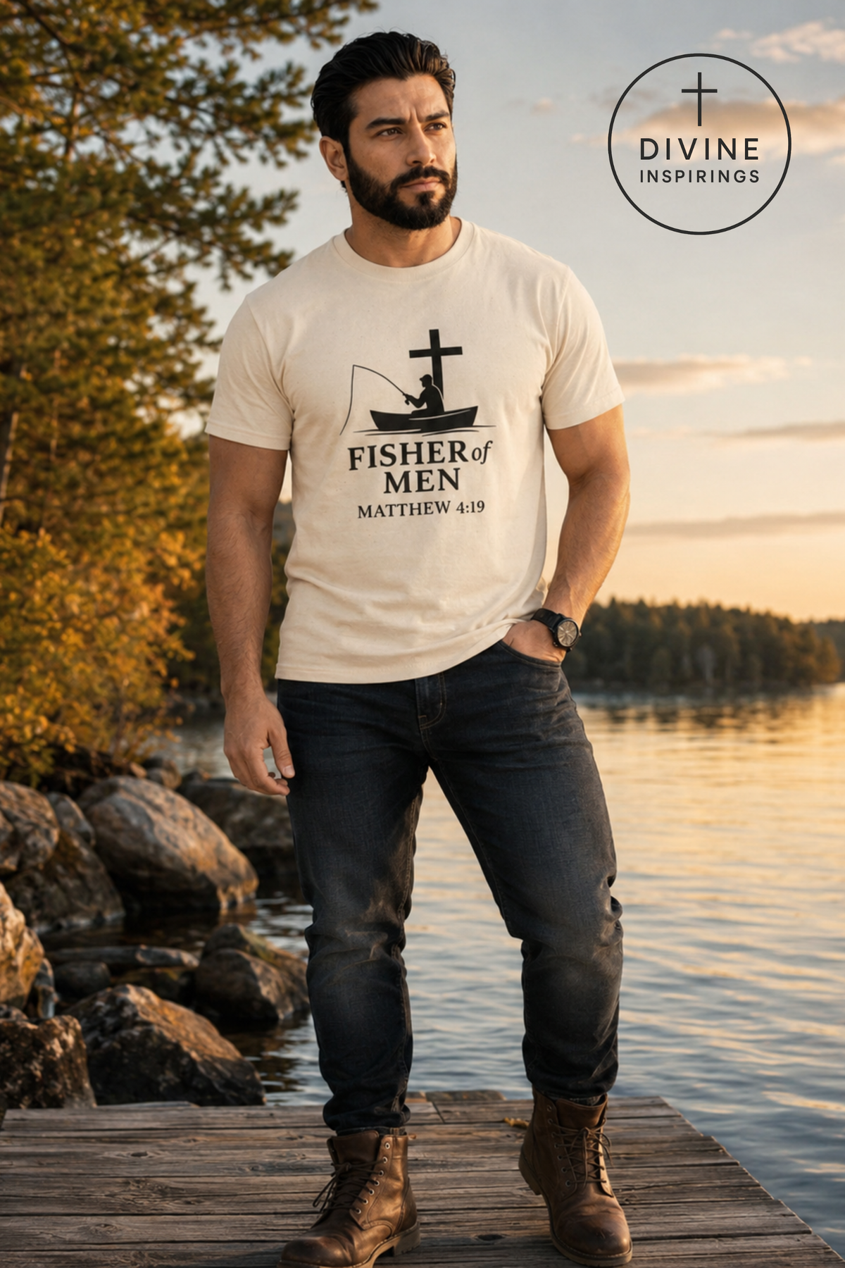 A man standing on a wooden dock by a lake at sunset wearing a cream-colored t-shirt with a black graphic of a fishing boat and cross, and the text 'FISHER of MEN MATTHEW 4:13'. A 'DIVINE INSPIRINGS' logo is visible in the top right corner.