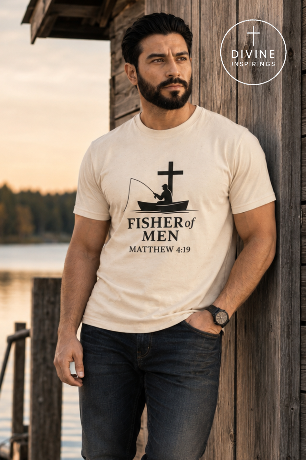 A bearded man wearing a cream-colored graphic t-shirt with a black print of a fisherman and cross, alongside the text 'FISHER of MEN MATTHEW 4:19', leaning against a rustic wooden dock at sunset. The Divine Inspirings logo is visible in the top right corner.