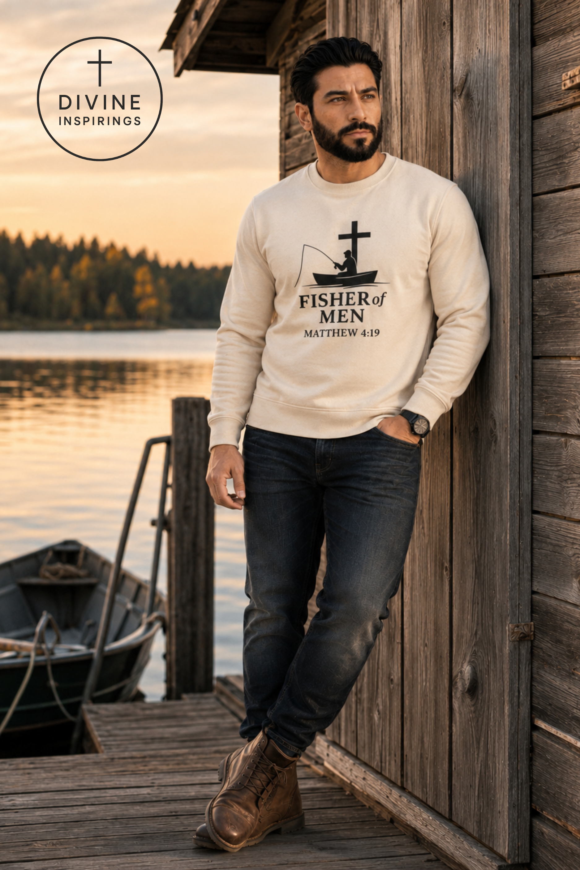 A man stands on a wooden dock by a lake at sunset, wearing a cream-colored long-sleeve crewneck sweatshirt with a black graphic of a fishing boat and cross, and the text 'FISHER of MEN MATTHEW 4:19'. He is also wearing dark gray jeans and brown boots.