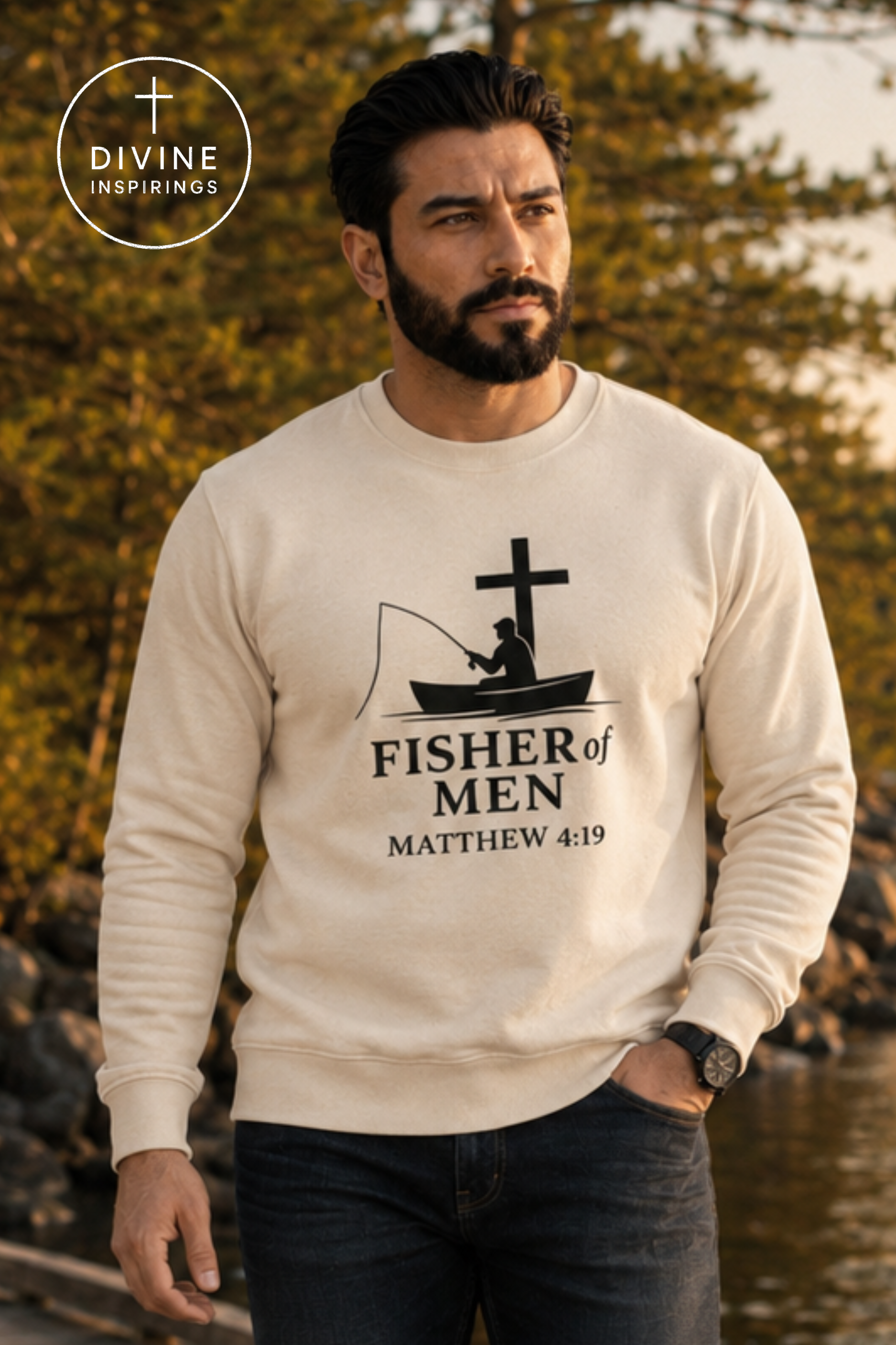 A man wearing a cream-colored crewneck sweatshirt with a black graphic of a fisherman and cross, featuring the text 'FISHER of MEN MATTHEW 4:19'. The background shows a scenic outdoor view with trees and water, and a 'DIVINE INSPIRINGS' logo is visible in the top left corner.