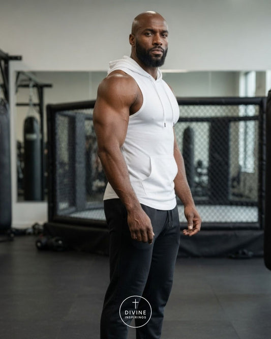 A muscular man in a gym wearing a white sleeveless hoodie and black sweatpants, standing in front of a cage. A Divine Inspiration logo is visible at the bottom.