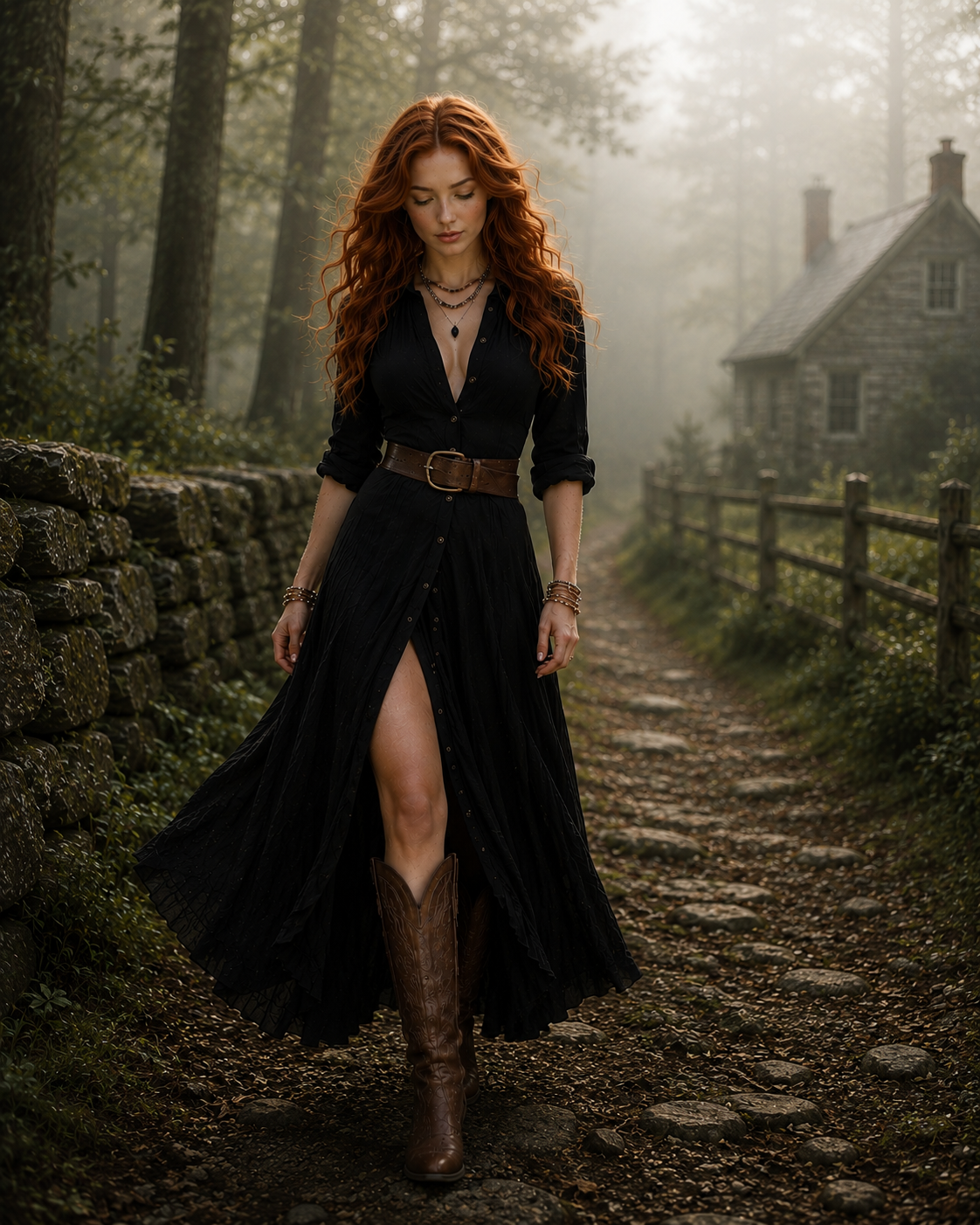Woman in a black dress and brown boots walking along a misty forest path with a rustic house in the background.