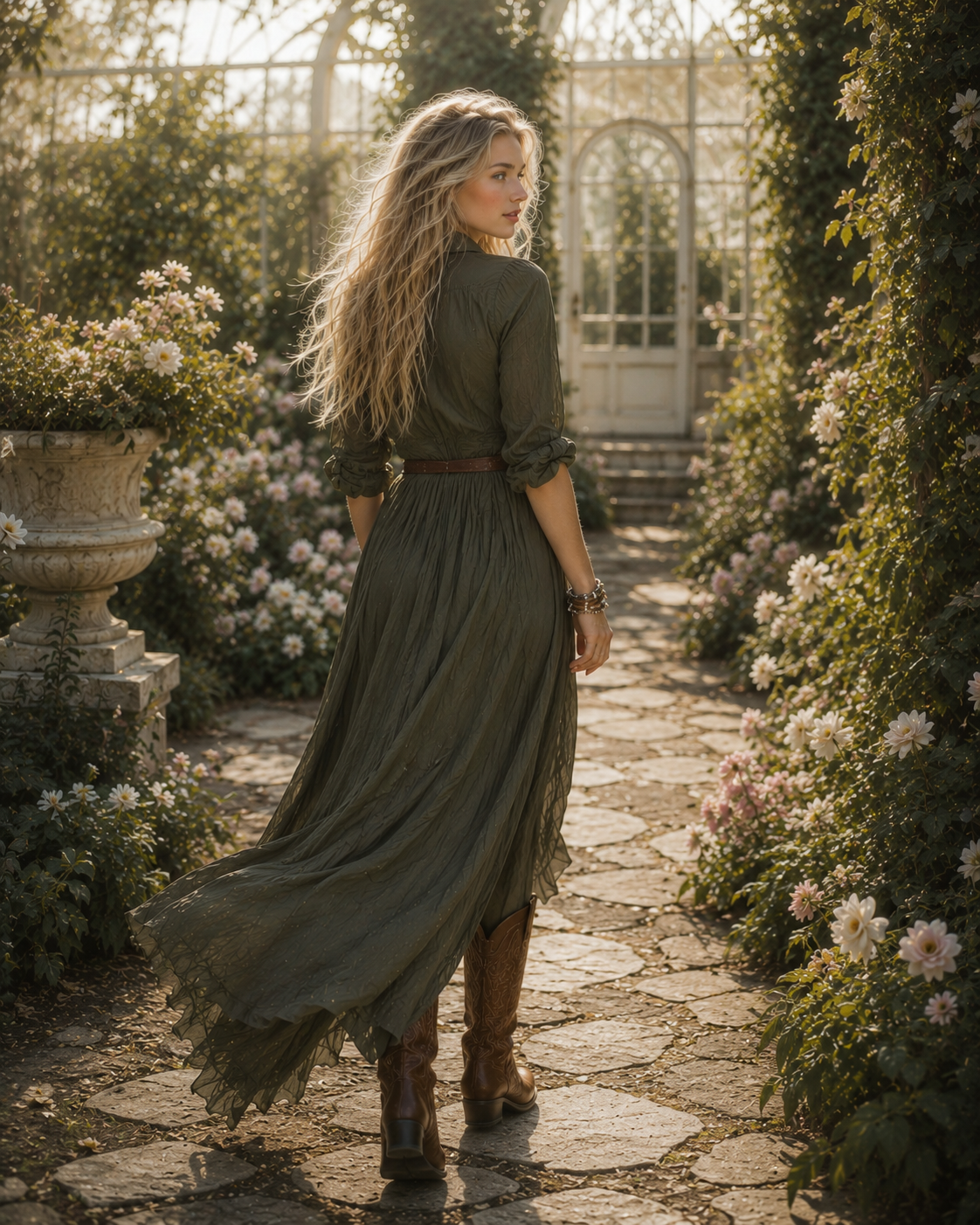 Woman in a long green dress walking through a garden with flowers and stone pathways.