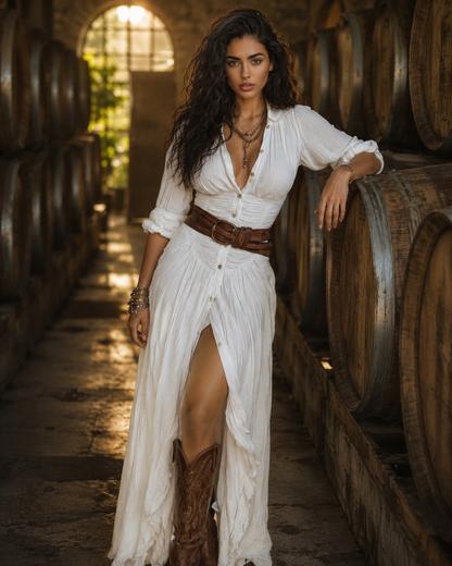Woman in a white dress and brown boots standing in a wine cellar.