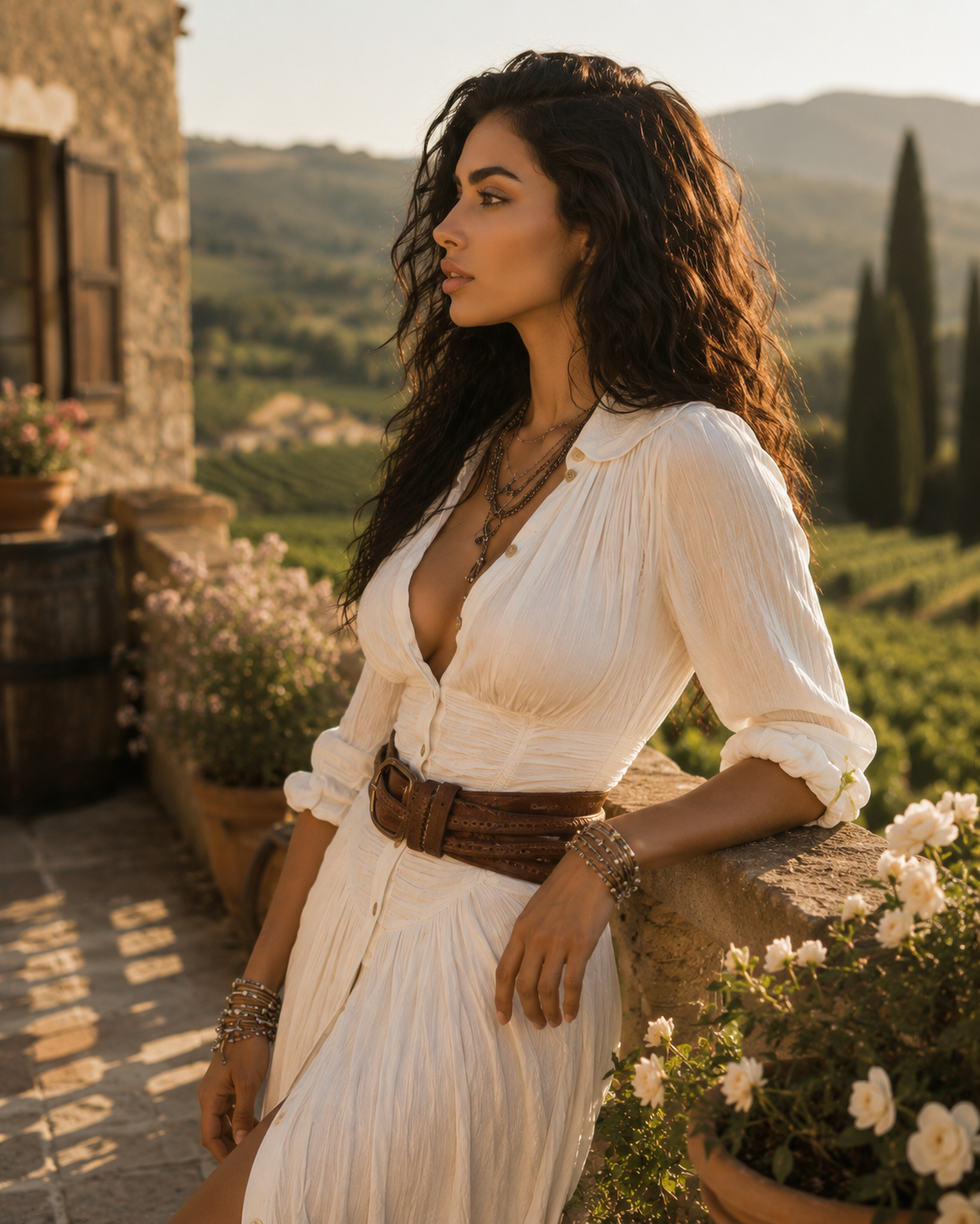 Woman in a white dress standing in a scenic outdoor setting with mountains and greenery.