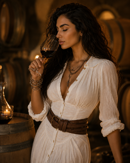 Woman in a white dress holding a glass of red wine in a wine cellar.