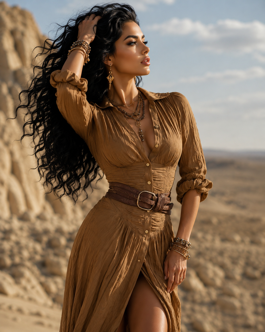 Woman in a brown dress standing in a desert landscape