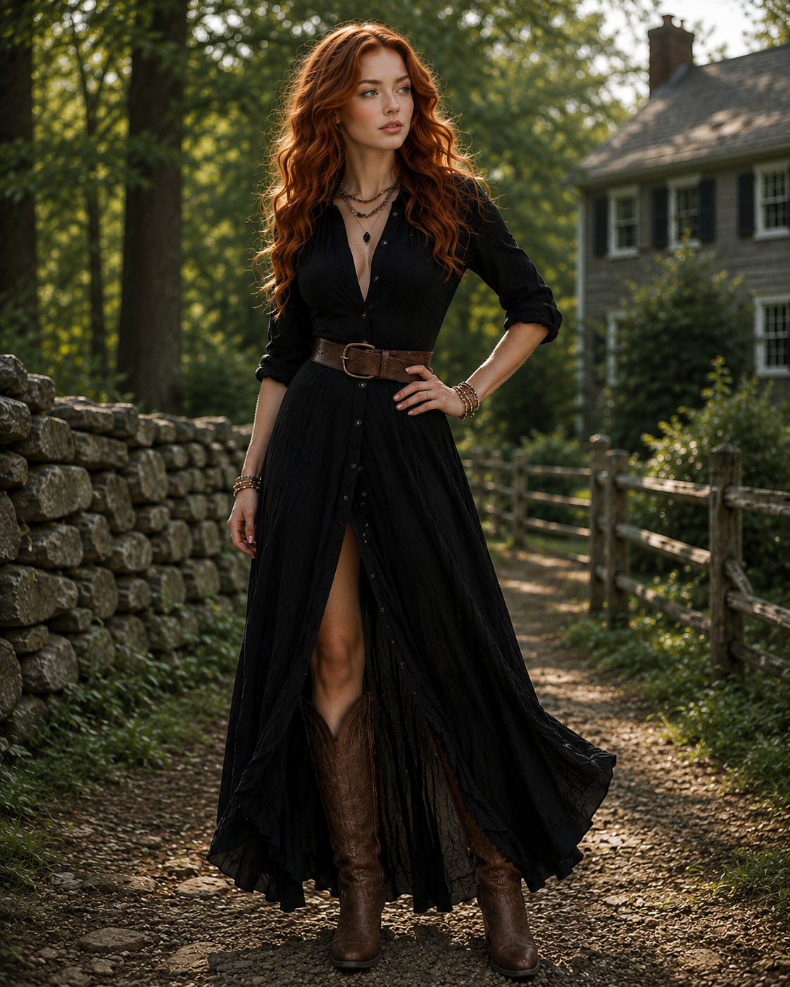 Woman in a black dress with a slit standing in a rustic outdoor setting.