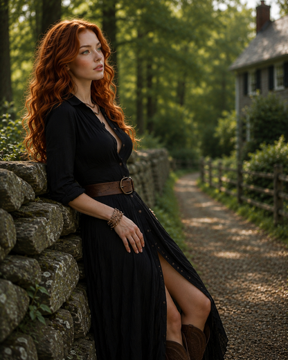 Woman in a black dress leaning against a stone wall in a forested area.