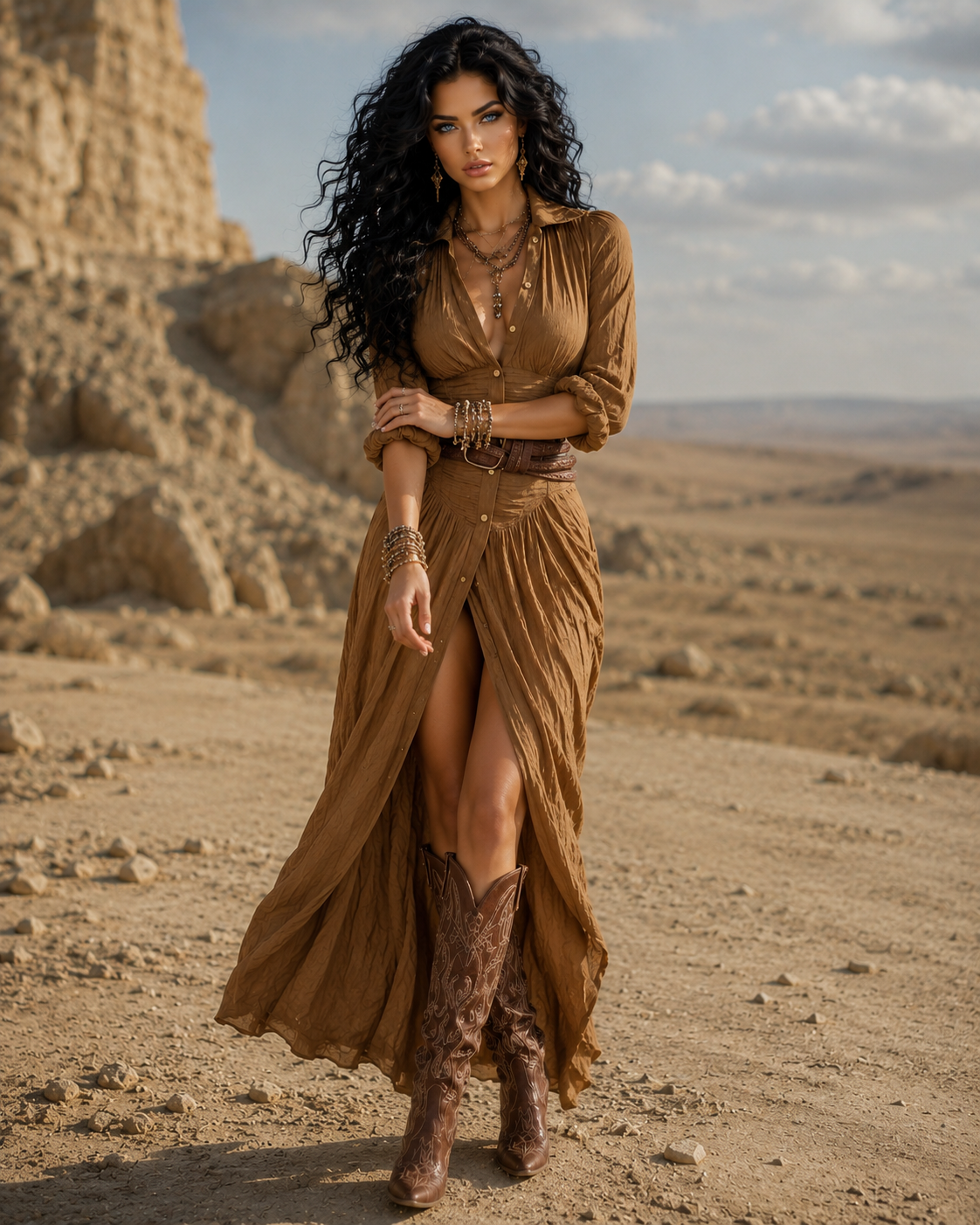 Woman in a long brown dress and boots standing in a desert landscape with ruins in the background.