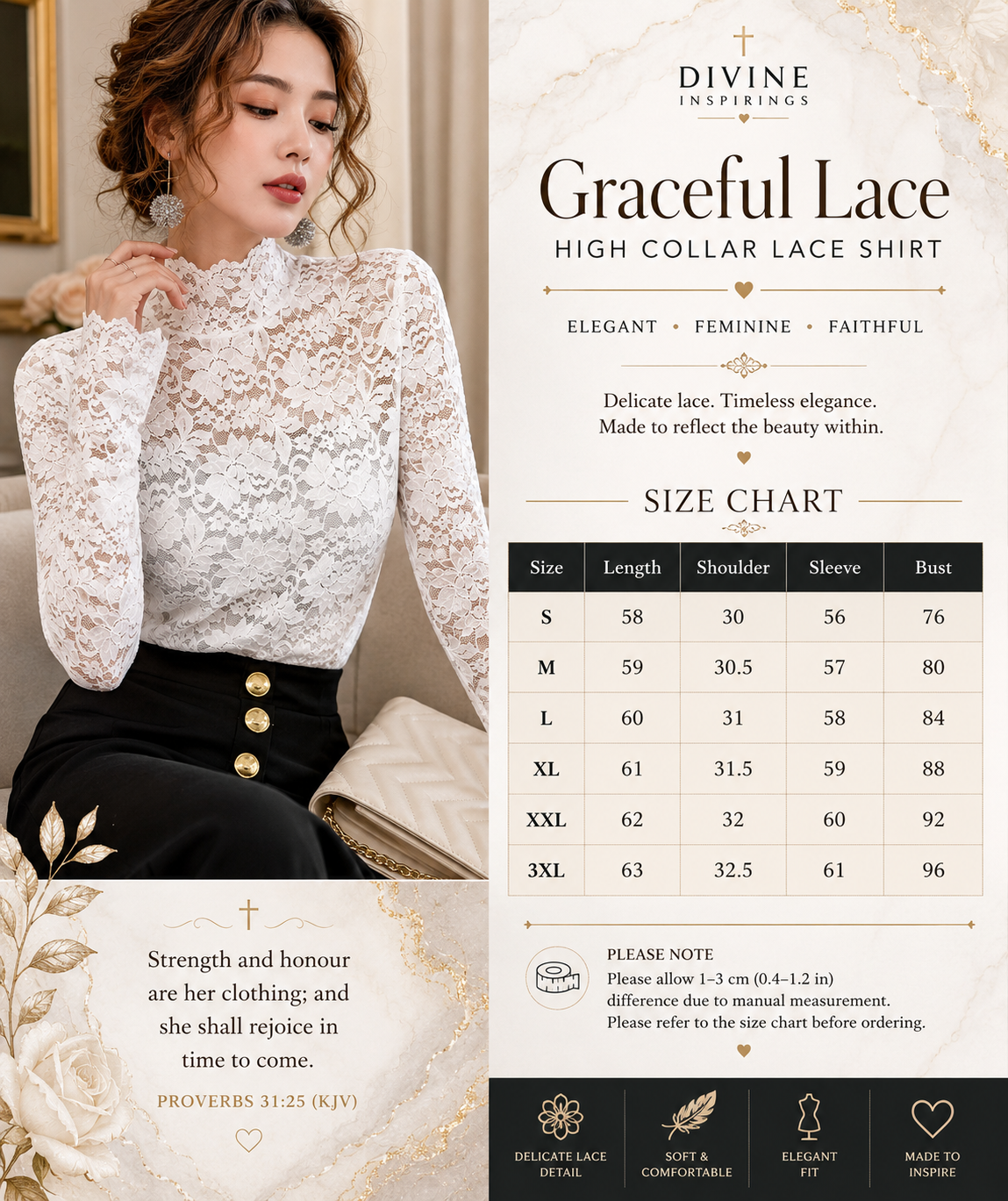 Woman wearing a high collar lace shirt with product details on the right side.