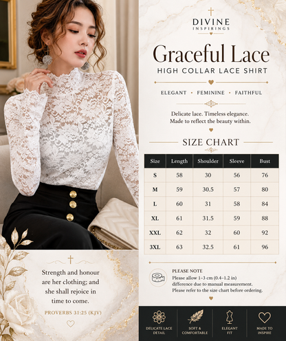Woman wearing a high collar lace shirt with product details on the right side.