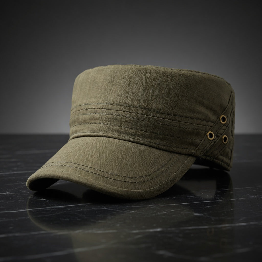 Green military-style cap on a dark surface with a gray background