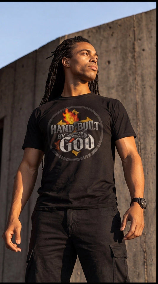 Man wearing a black t-shirt with 'Hand Built by God' graphic design against a concrete wall.