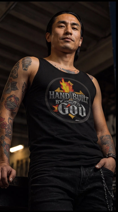 Man wearing a black tank top with 'Hand Built by God' graphic design.