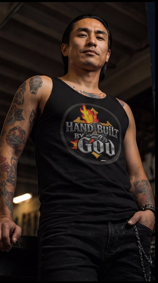 Man wearing a black tank top with 'Hand Built by God' graphic design.