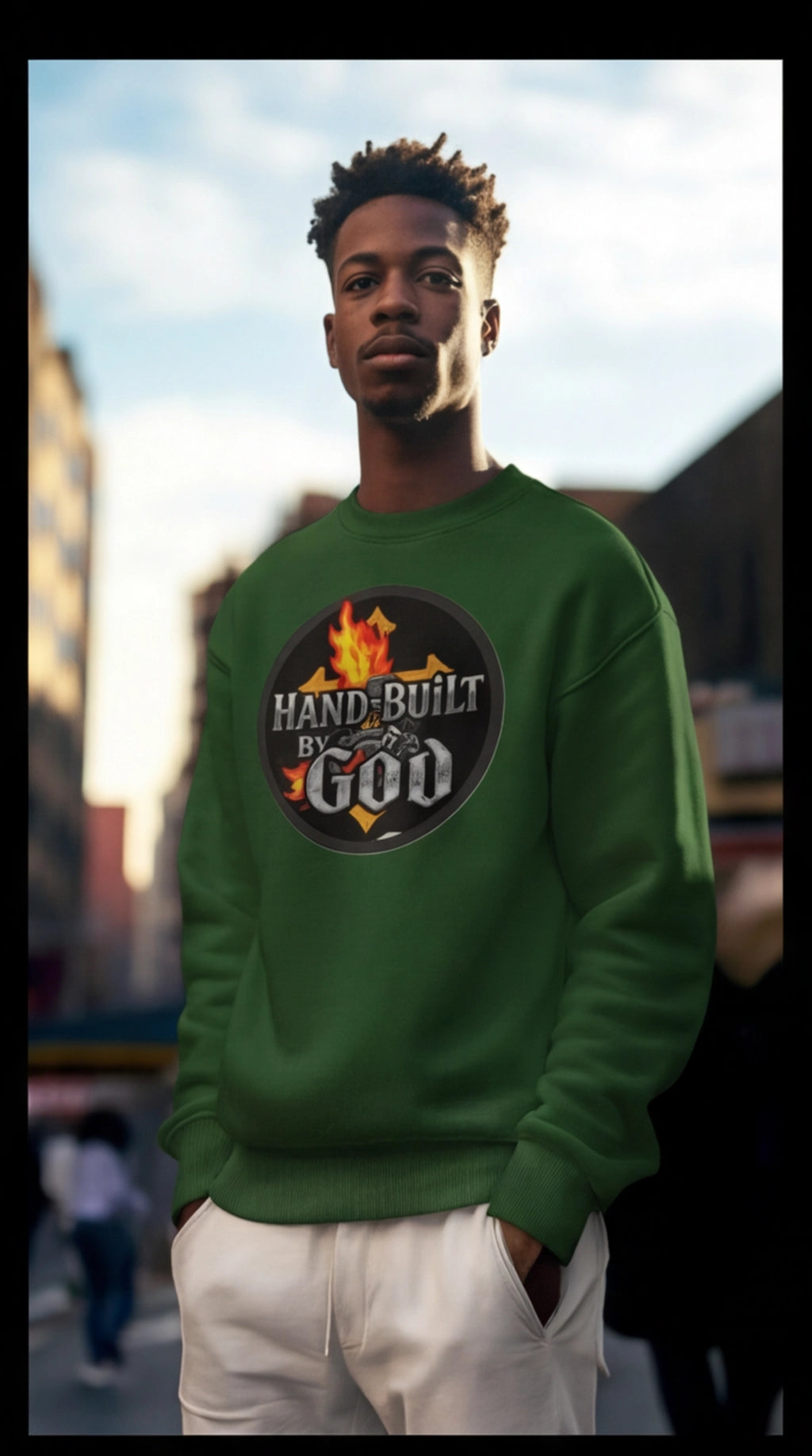 Man wearing a green sweatshirt with a graphic design in an urban setting