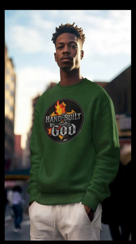 Man wearing a green sweatshirt with a graphic design in an urban setting