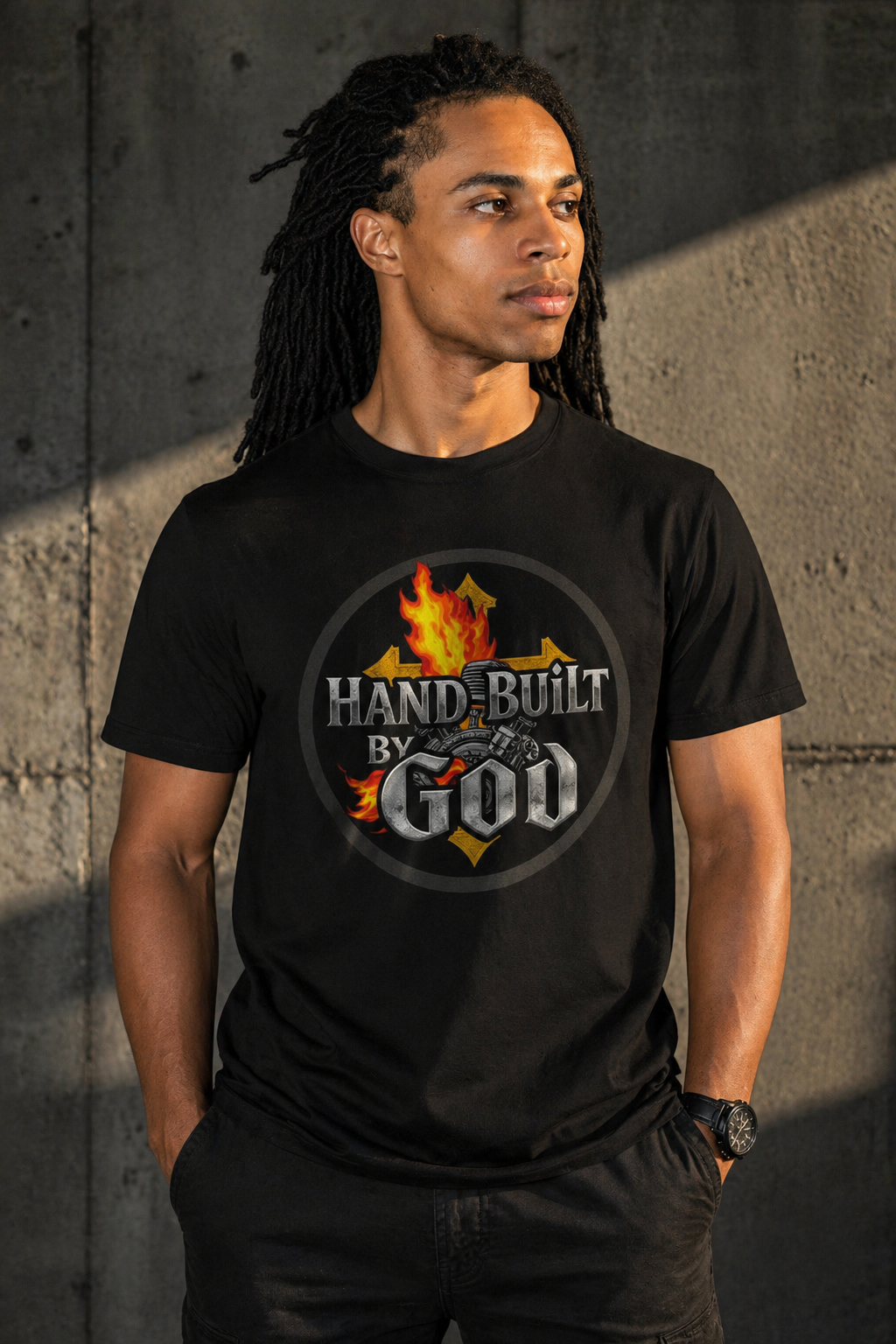 Man wearing a black t-shirt with 'Hand-Built by God' graphic design against a concrete wall.